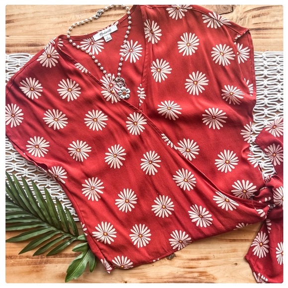 Madewell Tops - Madewell Red Sash-Tie Wrap Top in Daisy Daydream